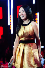组图：杨钰莹黄金甲连衣裙主持 上围激增秀美腿