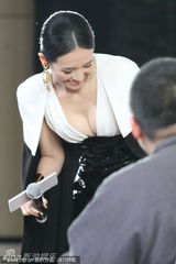 组图：章子怡性感深V爆乳装 上下齐手严防走光