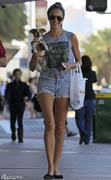 组图：超模坎蒂斯热裤街拍 美腿当床宠爱犬