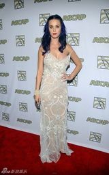 组图：凯蒂佩里蕾丝晚装似女神 肩带下滑秀乳沟