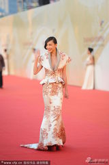 组图：巩新亮深V中国风长裙美艳金鸡红毯