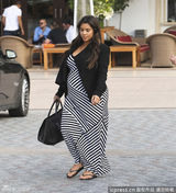 组图：怀孕卡戴珊身材走样穿条纹长裙显壮观
