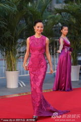 组图：江一燕亮相百花红毯 粉裙典雅秀美背