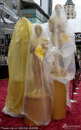 组图：奥斯卡红毯下雨 小金人裹塑料布