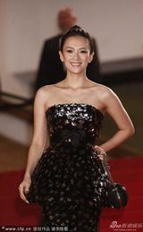 组图：章子怡戛纳走秀抹胸长裙秀美肩