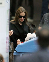 组图：布莱德-皮特夫妇出行 朱莉披肩式外套拉风