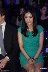 组图：秦岚绿裙配艳唇亮相 与老外热聊走光露底